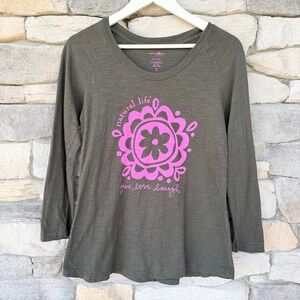 Natural Life "Give Love Laugh" Gray Long Sleeve Boho Floral Graphic Tee Small